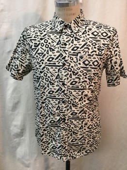 AMERICAN RAG, Cream, Black, Poly/Cotton, Novelty Pattern, Short Sleeves, Collar Attached, Button Front, 1 Pocket,