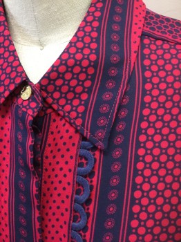 DRAPER JAMES, Cherry Red, Navy Blue, Polyester, Dots, Stripes - Vertical , Cherry Red with Navy Dot Pattern Within Vertical Stripes, Chiffon, Long Sleeve Button Front, Collar Attached, Navy Scallopped Trim Along Each Side of Button Placket and Cuffs