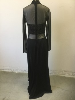 TADASHI, Black, Iridescent Black, Bronze Metallic, Polyester, Beaded, Solid, Floral, Black Sheer Spandex Net, Long Sleeves, Mock Neck, Opaque Strapless Bodice Panel Covered in Black Iridescent Beading in Floral Pattern with Bronze Specks, Opaque From Waist Down, Floor Length Hem, Center Back Zipper