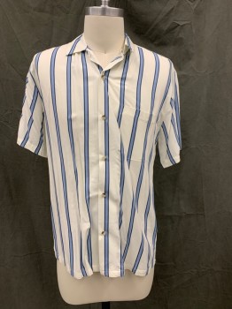 URBAN OUTFITTERS, White, Lt Blue, Blue, Viscose, Stripes, Collar Attached, Short Sleeves, Button Front, 1 Left Chest Pocket