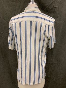 URBAN OUTFITTERS, White, Lt Blue, Blue, Viscose, Stripes, Collar Attached, Short Sleeves, Button Front, 1 Left Chest Pocket