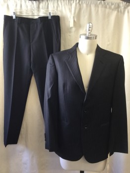 ARMANI, Black, Lt Blue, Wool, Stripes - Shadow, Notched Lapel, Single Breasted, 2 Buttons,  3 Pockets