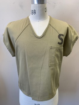 Unisex, Shirt/Top, BOB BARKER, Beige, Polyester, Cotton, Solid, S, Twill, Short Sleeves, V-neck, 1 Pocket, Raglan Sleeves,  "S" Above Pocket, "DOC" on Back