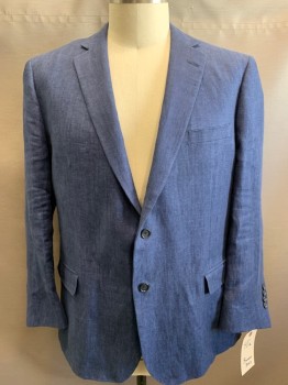 BROOKS BROTHERS, Blue, Linen, Heathered, Herringbone, 2 Button Front, Notched Lapel, 3 Pockets,