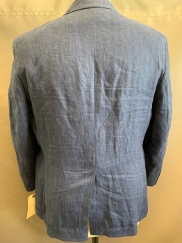 BROOKS BROTHERS, Blue, Linen, Heathered, Herringbone, 2 Button Front, Notched Lapel, 3 Pockets,