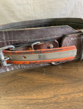 Unisex, Sci-Fi/Fantasy Belt, N/L, Dk Brown, Gray, Orange, Leather, Plastic, W36-41, 3" Wide Aged Leather, Strip of Plastic at Center, Aged, Silver Buckle