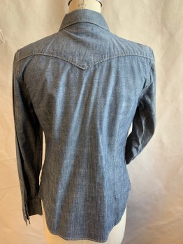 Womens, Shirt, LUCKY BRAND, Slate Blue, Cotton, Solid, S, Collar Attached, Western Yoke Front & Back, Mat Milky/brown Marble with Silver Trim Button Front, 2 Pockets with Bat-wing Flap, Long Sleeves, Curved Hem