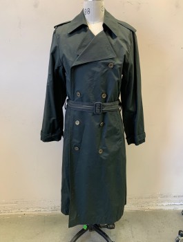 Mens, Coat, Trenchcoat, N/L, Black, Cotton, Solid, 38, Double Breasted, "Gold" Look Plastic Buttons, 2 Pockets, Epaulettes at Shoulders, Belt Loops **With Matching Belt, Has a Double