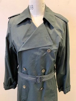 Mens, Coat, Trenchcoat, N/L, Black, Cotton, Solid, 38, Double Breasted, "Gold" Look Plastic Buttons, 2 Pockets, Epaulettes at Shoulders, Belt Loops **With Matching Belt, Has a Double