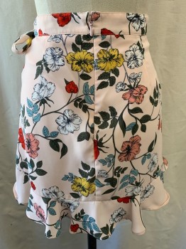 Womens, Skirt, Mini, JACK, Lt Pink, Green, Pink, Red, White, Polyester, Floral, 0, Wrap Around, Zip Back, Side Ruffles, Tie Side