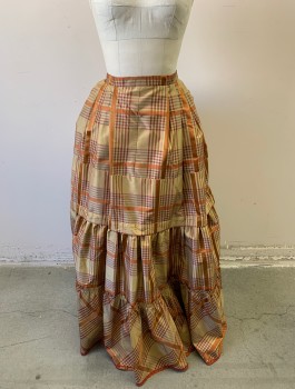 Womens, Historical Fiction Skirt, N/L MTO, Beige, Rust Orange, Cranberry Red, Silk, Plaid-  Windowpane, W:26-7, Taffeta, 1" Wide Self Waistband, Pleated at Sides and Back of Waist, 4 Tiers, Floor Length, Late Victorian Reproduction (Pictured with Bustle Pad Underneath, Not Included)