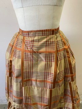 Womens, Historical Fiction Skirt, N/L MTO, Beige, Rust Orange, Cranberry Red, Silk, Plaid-  Windowpane, W:26-7, Taffeta, 1" Wide Self Waistband, Pleated at Sides and Back of Waist, 4 Tiers, Floor Length, Late Victorian Reproduction (Pictured with Bustle Pad Underneath, Not Included)