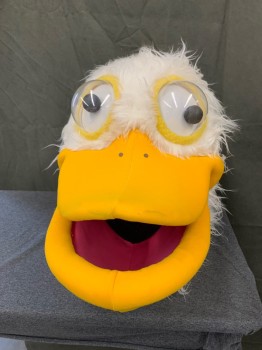 MTO, Off White, Sunflower Yellow, Synthetic, Foam, Solid, Pelican Head, Shaggy Fur, with Open Yellow Beak and Clear Plastic Bubble Eyes
