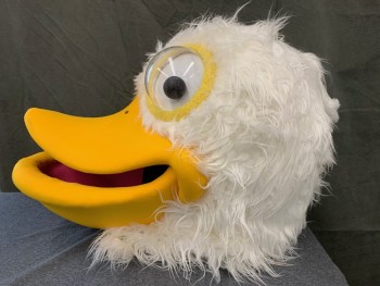 Unisex, Walkabout, MTO, Off White, Sunflower Yellow, Synthetic, Foam, Solid, Pelican Head, Shaggy Fur, with Open Yellow Beak and Clear Plastic Bubble Eyes