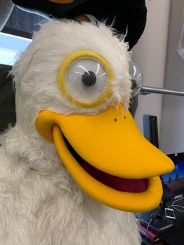 MTO, Off White, Sunflower Yellow, Synthetic, Foam, Solid, Pelican Head, Shaggy Fur, with Open Yellow Beak and Clear Plastic Bubble Eyes