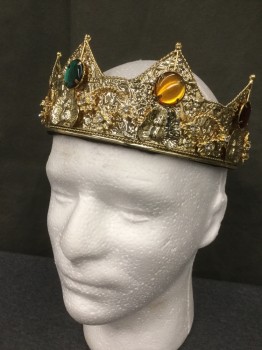 Unisex, Historical Fiction Headpiece, MTO, Gold, Metallic/Metal, 22", Gold Metal Crown, Hammered, Gold Flowers, Yellow/Green/Blue/Red Stones, Crenulated, Foam Covered in Fabric Interior, Royalty
