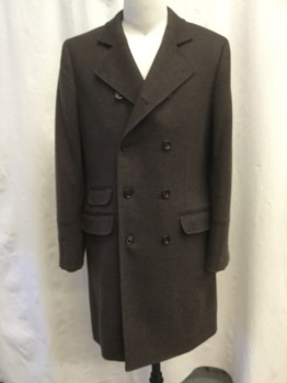Mens, Coat, Overcoat, BRUNELLO CUCINELLI, Chocolate Brown, White, Wool, Heathered, M, 38, Notched Lapel, Double Breasted Closure, 3 Flap Besom Pockets, Panelled Cuffs, Back Vent, At the Knee Length