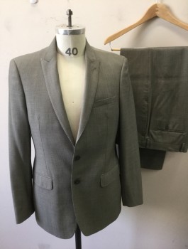CALVIN KLEIN, Taupe, White, Wool, 2 Color Weave, Single Breasted, Thin Peaked Lapel, 2 Buttons, 3 Pockets, Hand Picked Stitching Detail, Brown Solid Lining