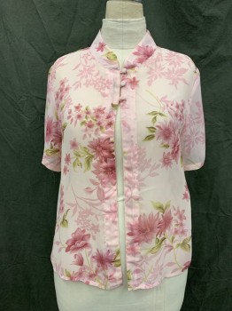 Womens, Dress, Piece 1, KARI, Lt Pink, Magenta Pink, Olive Green, Dk Olive Grn, Polyester, Floral, 18, Sheer, Stand Collar, 3 Button and Loop, Short Sleeves