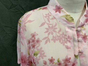 Womens, Dress, Piece 1, KARI, Lt Pink, Magenta Pink, Olive Green, Dk Olive Grn, Polyester, Floral, 18, Sheer, Stand Collar, 3 Button and Loop, Short Sleeves