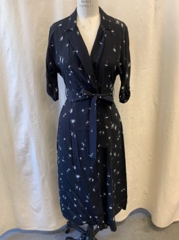 Womens, Dress, Long & 3/4 Sleeve, EQUIPMENT, Black, White, Viscose, Floral, S/P, Dandelion Pattern, Collar Attached, V-neck, Button Front, 3/4 Sleeves, Ankle Length