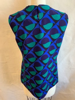 MARC JACOBS, Black, Navy Blue, Royal Blue, Jade Green, Polyester, Silk, Abstract , Round Neck,  Sleeveless, Key Hole Back with 1 Hook & Eye