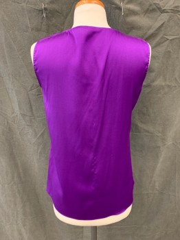 ELIE TAHARI, Aubergine Purple, Silk, Elastane, Solid, Scoop Neck, Sleeveless, Attached 1/2 Bow Panel From Shoulder to Ruffle Front