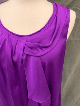 ELIE TAHARI, Aubergine Purple, Silk, Elastane, Solid, Scoop Neck, Sleeveless, Attached 1/2 Bow Panel From Shoulder to Ruffle Front