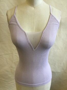FREE PEOPLE, Lavender Purple, Nylon, Spandex, Solid, Lavender Ribbed, Deep V-neck with Fine/sheer Inlay, Adjustable Spaghetti Straps
