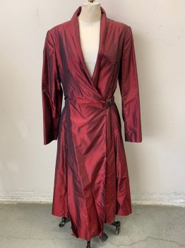 Womens, Evening Gown, NL, Red Burgundy, Synthetic, W: 30, B: 34, Wrap Dress, Deep V Plunge, Long Sleeves, Self Belt Waist, Floor Length Hem