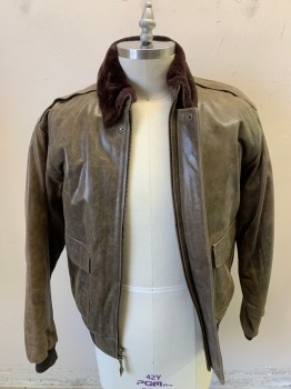 Mens, Leather Jacket, LL BEAN, Coffee Brown, Tan Brown, Leather, Mottled, L, Bomber, Zip Front, Placket, 2 Patch Pocket with Snaps, Fur Collar, Epaulets, Rib Knit Waistband and Cuffs