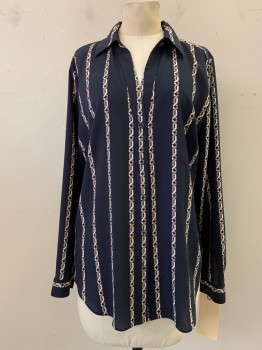 Womens, Blouse, ANN TAYLOR, Navy Blue, White, Brown, Polyester, Stripes, M, Button Front, V-neck, Collar Attached, Vertical White & Brown Chain-like Stripe, Long Sleeves,