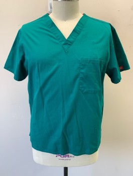 DICKIES, Emerald Green, Cotton, Polyester, Solid, Short Sleeves, V-neck, 1 Patch Pocket at Chest