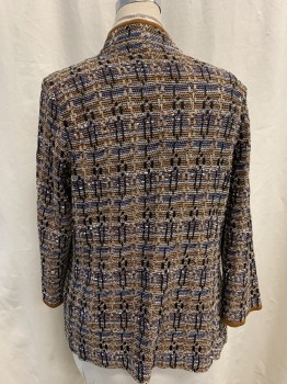 Womens, Sweater, MISOOK, Brown, Black, Blue, White, Acrylic, Nylon, Stripes - Horizontal , L, Knit, Open Front, Brown Trim, Vertical Cable Knit Life Pattern