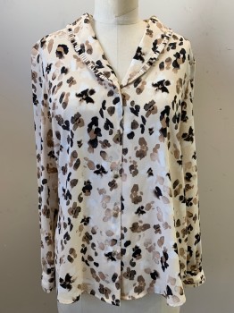 Womens, Blouse, KARL LAGERELD, Beige, White, Lt Brown, Black, Polyester, Floral, S, Flower Petal Pattern, Spread Collar Attached, Pleated Trim on Collar & Cuffs, Button Front, Long Sleeve