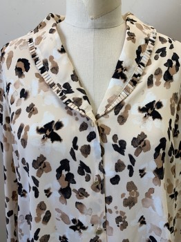 Womens, Blouse, KARL LAGERELD, Beige, White, Lt Brown, Black, Polyester, Floral, S, Flower Petal Pattern, Spread Collar Attached, Pleated Trim on Collar & Cuffs, Button Front, Long Sleeve