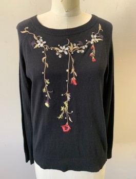 Womens, Pullover, ST. JOHN'S BAY, Black, Beige, Coral Orange, Pearl White, Cotton, Rayon, Floral, Petite, M, Knit, Embroidered Floral/Vines with Pearl Beads, Long Raglan Sleeves, Ribbed Scoop Neck