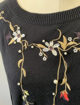 Womens, Pullover, ST. JOHN'S BAY, Black, Beige, Coral Orange, Pearl White, Cotton, Rayon, Floral, Petite, M, Knit, Embroidered Floral/Vines with Pearl Beads, Long Raglan Sleeves, Ribbed Scoop Neck