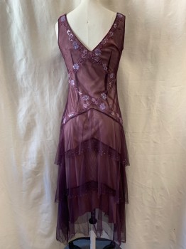 Womens, Cocktail Dress, BCBG MAX AZRIA, Plum Purple, Polyester, 4, V-neck, Sleeveles, Embroidered, Beaded, & Sequins Flowers, Ruffle Layers, Sequins & Bead Trim on Each Layer, Midi Dress