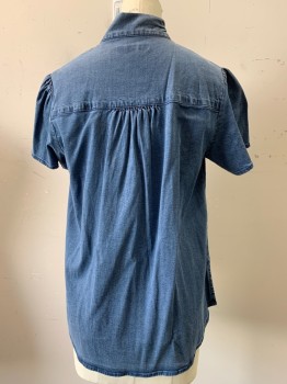 Womens, Blouse, INC, Denim Blue, Lyocell, Cotton, Solid, S, S/S, Button Front, V Neck With Neck Bow,