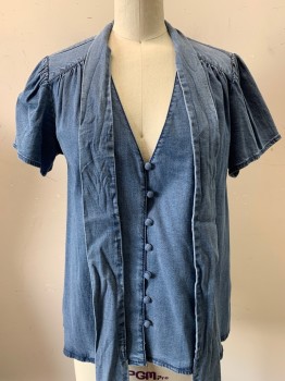Womens, Blouse, INC, Denim Blue, Lyocell, Cotton, Solid, S, S/S, Button Front, V Neck With Neck Bow,