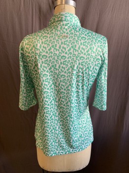 Womens, Blouse, NVO, Mint Green, White, Polyester, Animal Print, S, C.A., 1/4 Button Front, S/S