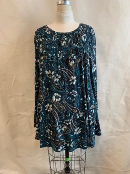 Womens, Top, LANE BRYANT, Teal Green, Multi-color, Rayon, Spandex, Floral, Paisley/Swirls, 18/20, Round Neck, L/S, Ruched Bust, Black and White Paisley, Tan Details