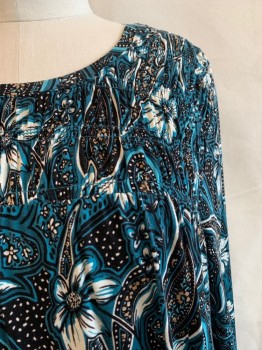 Womens, Top, LANE BRYANT, Teal Green, Multi-color, Rayon, Spandex, Floral, Paisley/Swirls, 18/20, Round Neck, L/S, Ruched Bust, Black and White Paisley, Tan Details