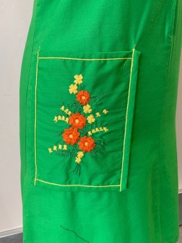 NO LABEL, Green, Yellow, Dk Orange, Cotton, Solid, Sleeveless, C.A., Zip Front, Single Pocket on the Left with Embroiderred Flowers, Yellow Stitching on Pocket and Collar
