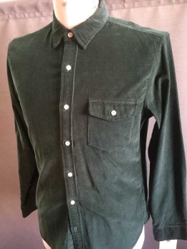 Mens, Casual Shirt, J CREW, Dk Green, Cotton, M, Long Sleeves, Corduroy, Button Front, 1 Pocket with Flap