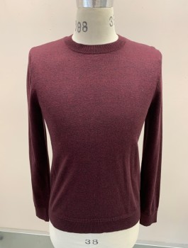 Mens, Pullover Sweater, TOPMAN, Maroon Red, Black, Cotton, 2 Color Weave, S, L/S, CN, Rib Knit Collar, Cuffs And Waistband