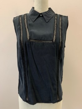 Womens, Blouse, VERONICA BEARD, Faded Black, Silk, Solid, S, C.A., 1 Bttn. At Front Neck, Slvls, Keyhole Back with 2 Covered Bttns, Lace Vertical Inserts Front And Back,