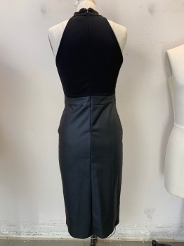 Womens, Cocktail Dress, NUDE, Black, Nylon, Faux Leather, Solid, L, Halter Style, Keyhole Neck Pleather Waistband, Skirt Below Knee with Gold Tone Zipper CF Seam, Hidden Zipper Back