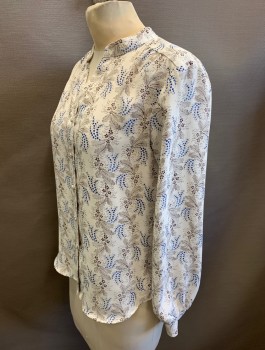 ANN TAYLOR PETITE, White, Espresso Brown, Royal Blue, Polyester, Floral, Dots, Crepe, Long Sleeves, Button Front, Band Collar with V-Notch, Self Fabric Covered Buttons